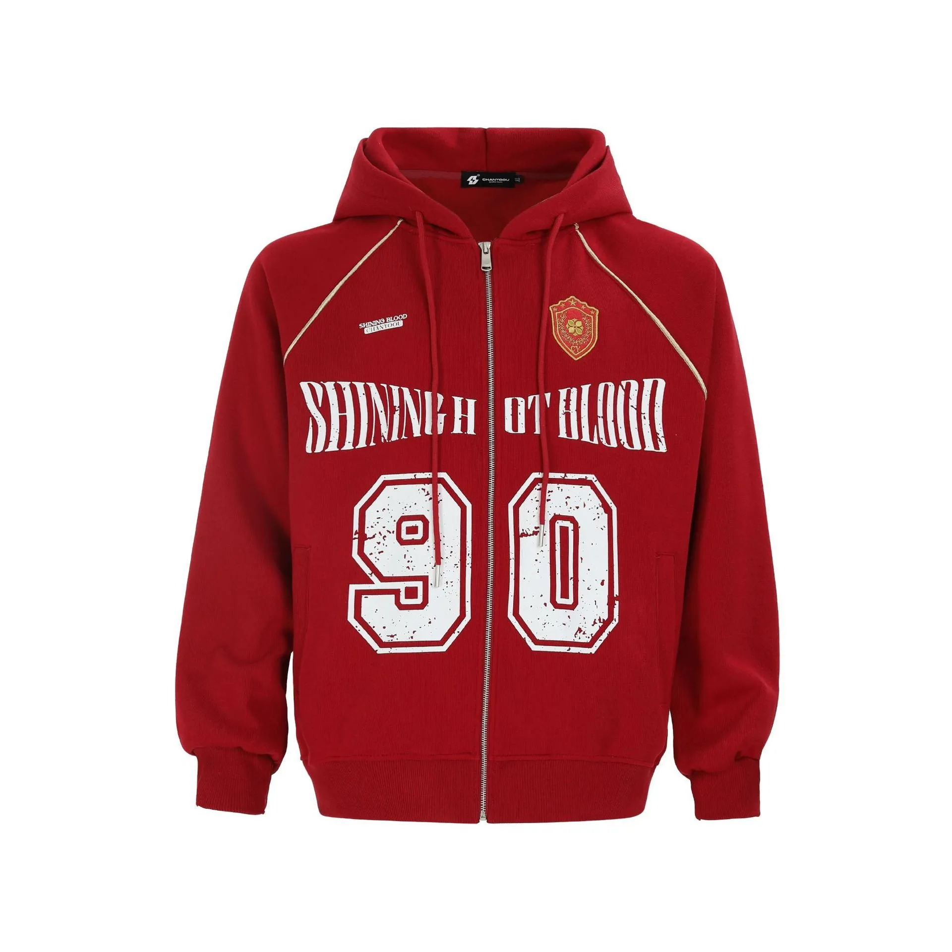Women's loose-fit hooded jacket with retro letter embroidery in apricot colour.