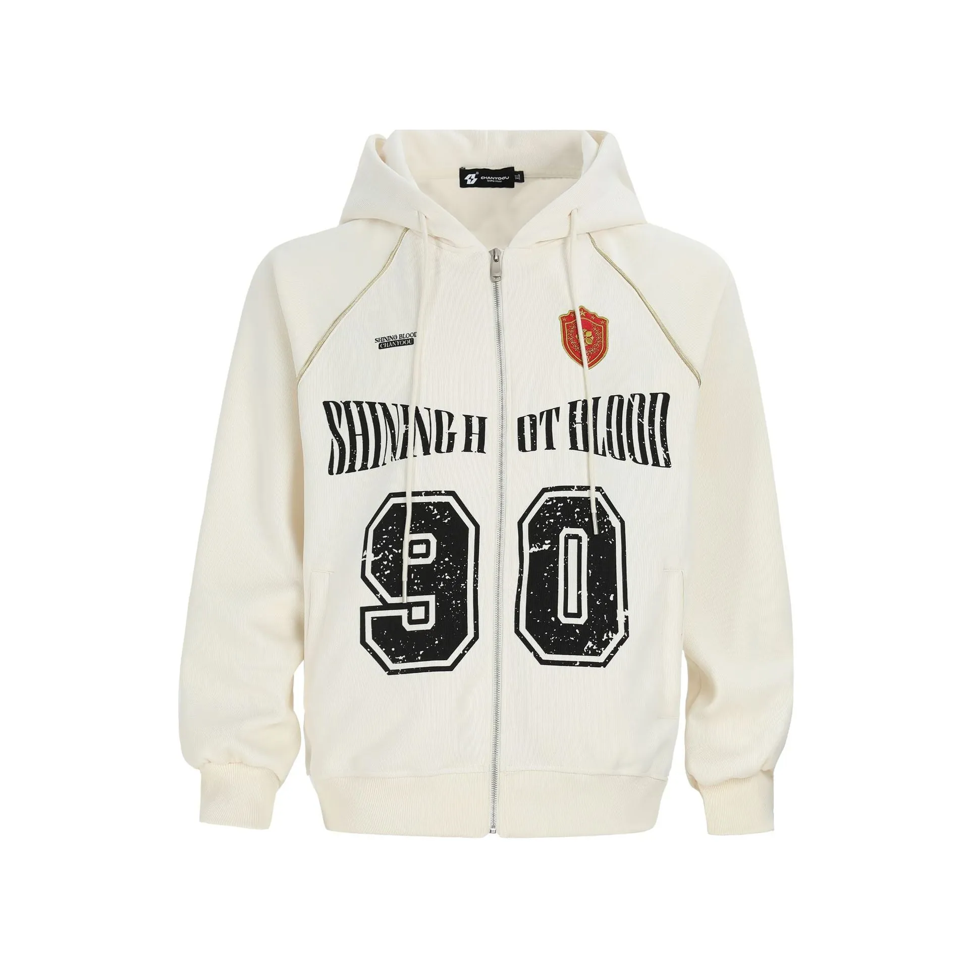Women's loose-fit hooded jacket with retro letter embroidery in apricot colour.