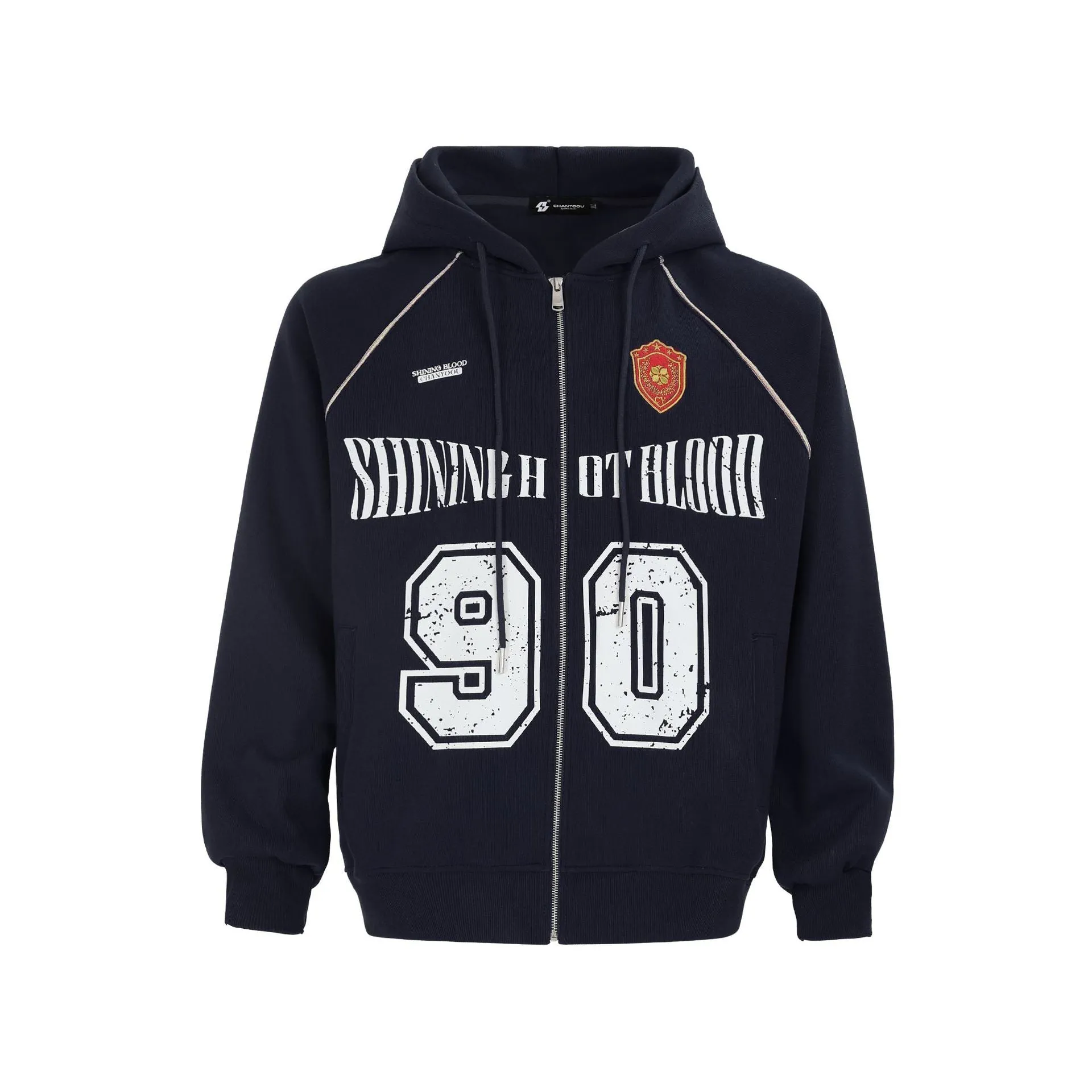 Women's loose-fit hooded jacket with retro letter embroidery in apricot colour.
