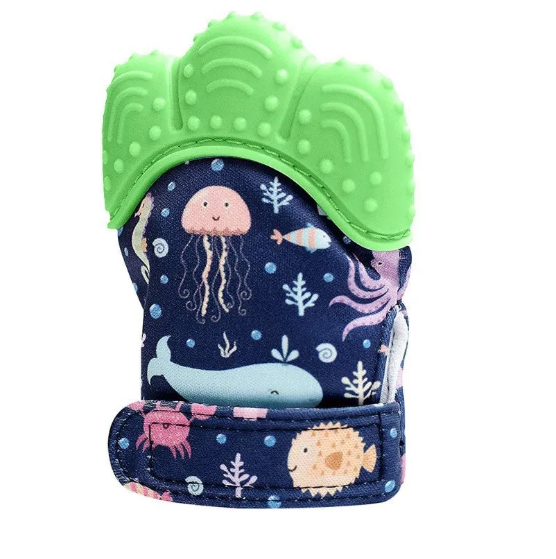 Baby teether glove in silicone with convex bumps, available in five colours, 10x7cm