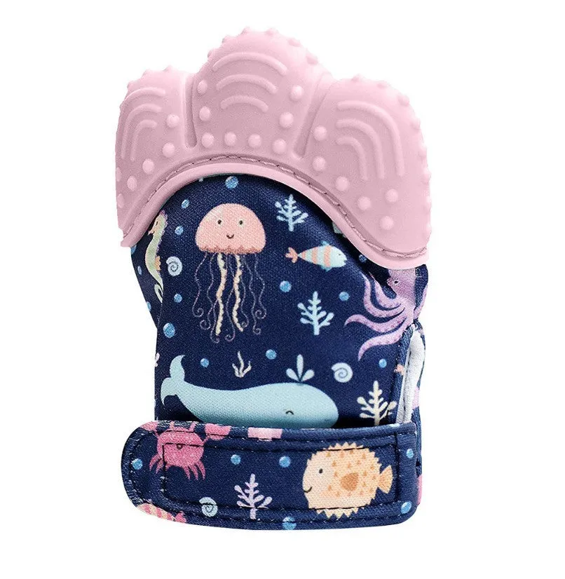 Baby teether glove in silicone with convex bumps, available in five colours, 10x7cm