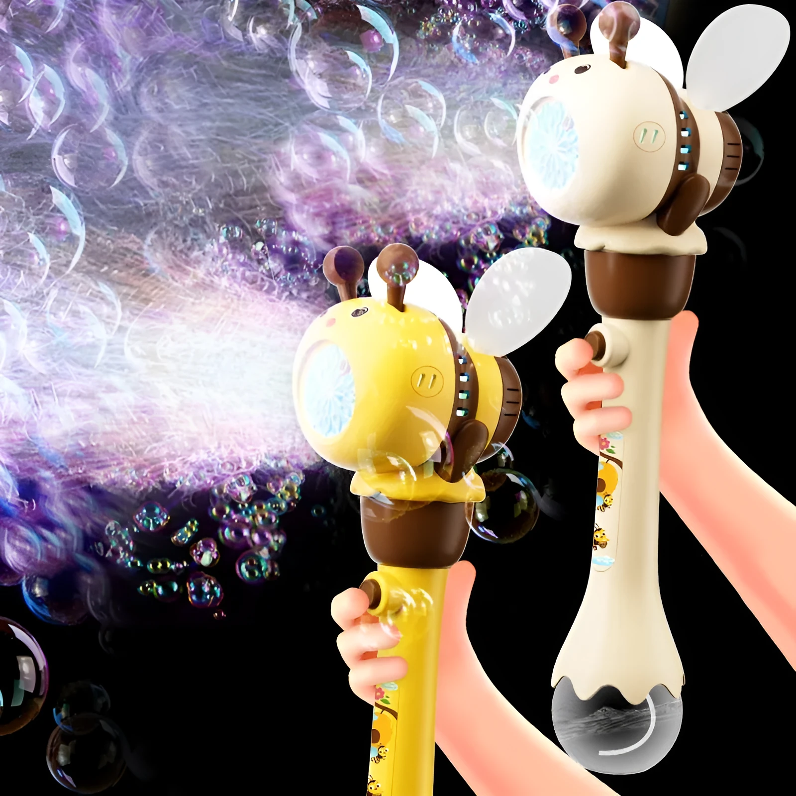 Yellow electric bee bubble machine toy with automatic lights on a flat surface