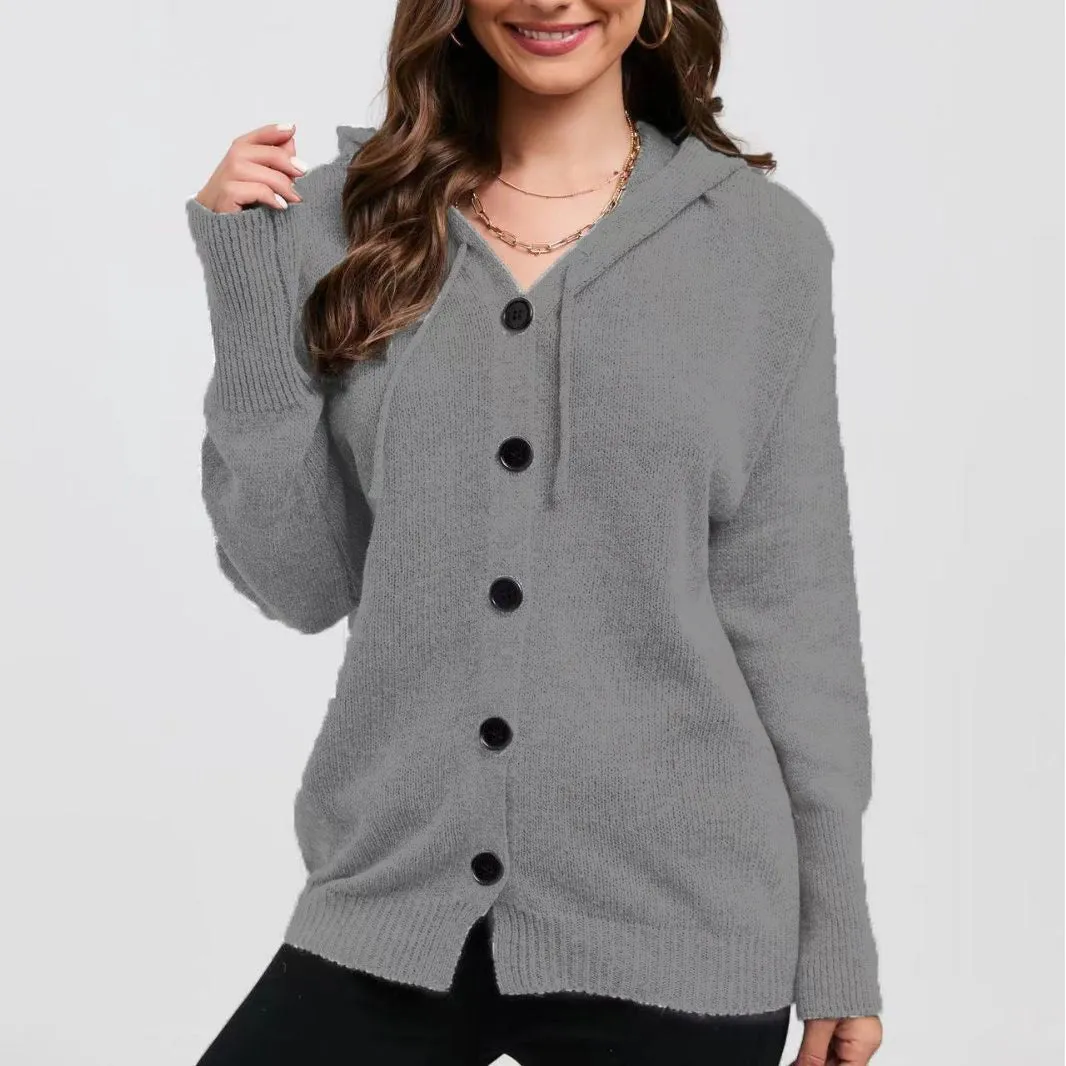 Women's loose fit hooded cardigan in coloured cotton, shown in army green.