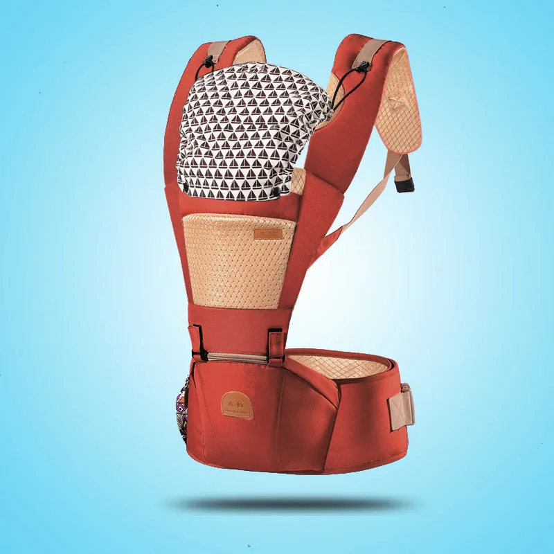 Multifunctional shoulder baby carrier in brick red colour showing sling design and shoulder straps