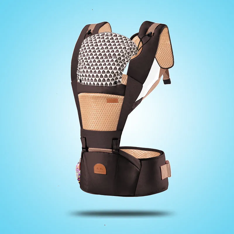Multifunctional shoulder baby carrier in brick red colour showing sling design and shoulder straps