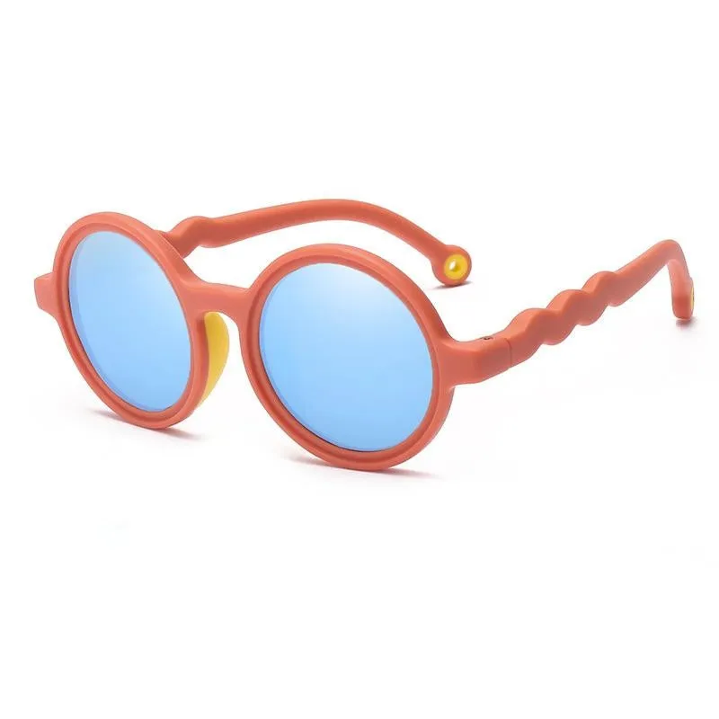 Children's sunglasses with UV400 protection, flexible nylon elastomer frame, blue colour, and polarizer included