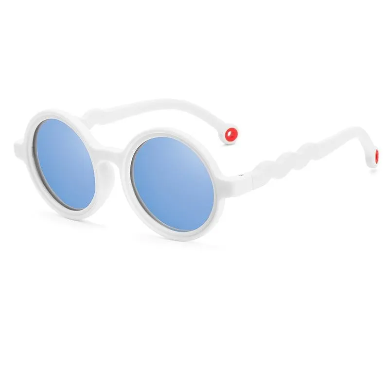 Children's sunglasses with UV400 protection, flexible nylon elastomer frame, blue colour, and polarizer included