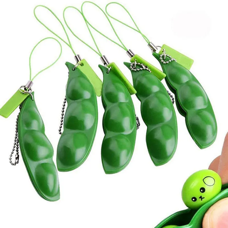 Green soft PU decompression beans toy pendant shaped like a bean pod, designed for squeezing stress relief and hanging on phone or bag