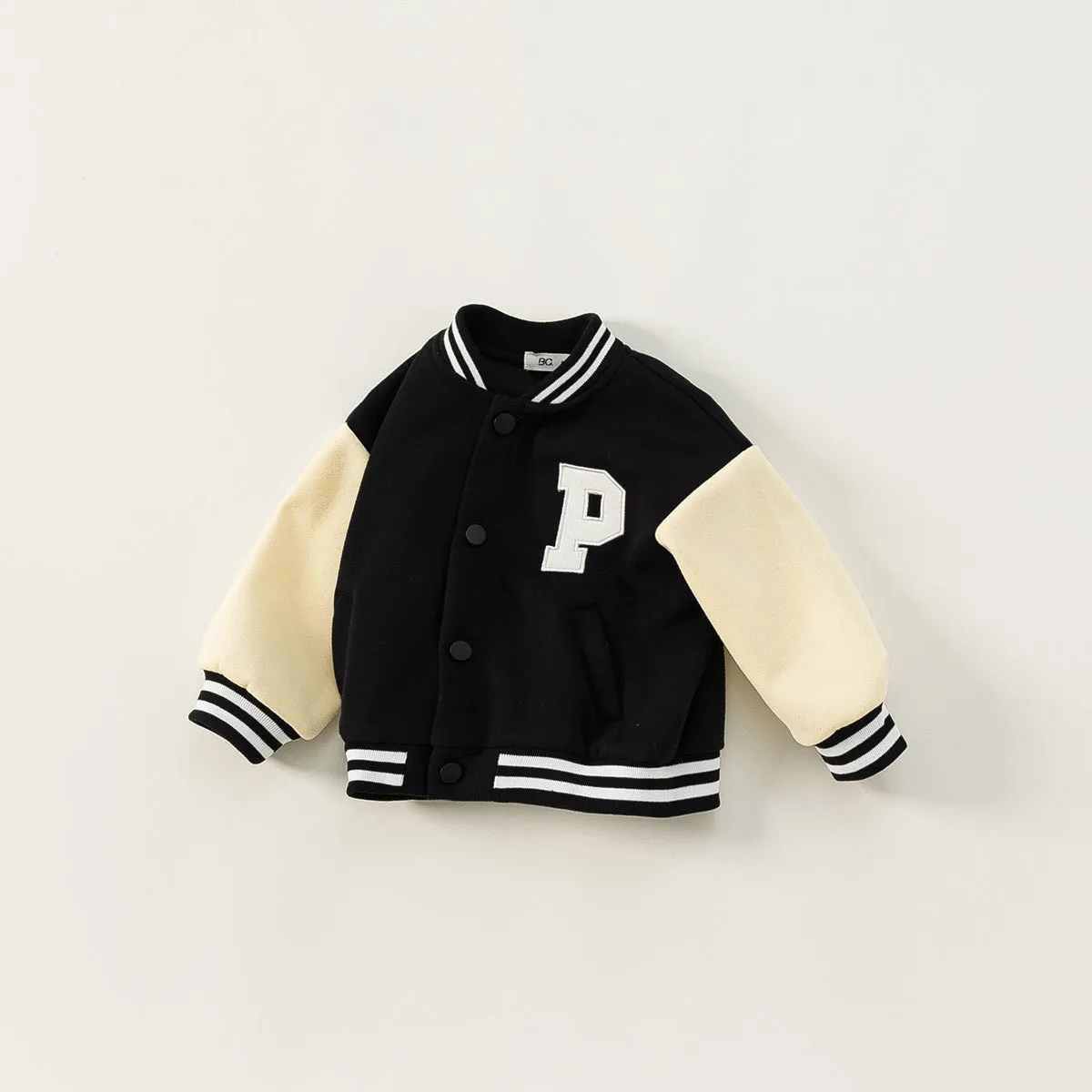Black thickened velvet winter coat for children with round collar and letters pattern, front view