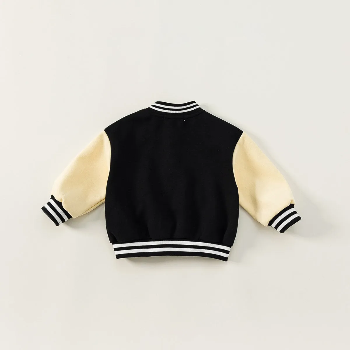 Black thickened velvet winter coat for children with round collar and letters pattern, front view