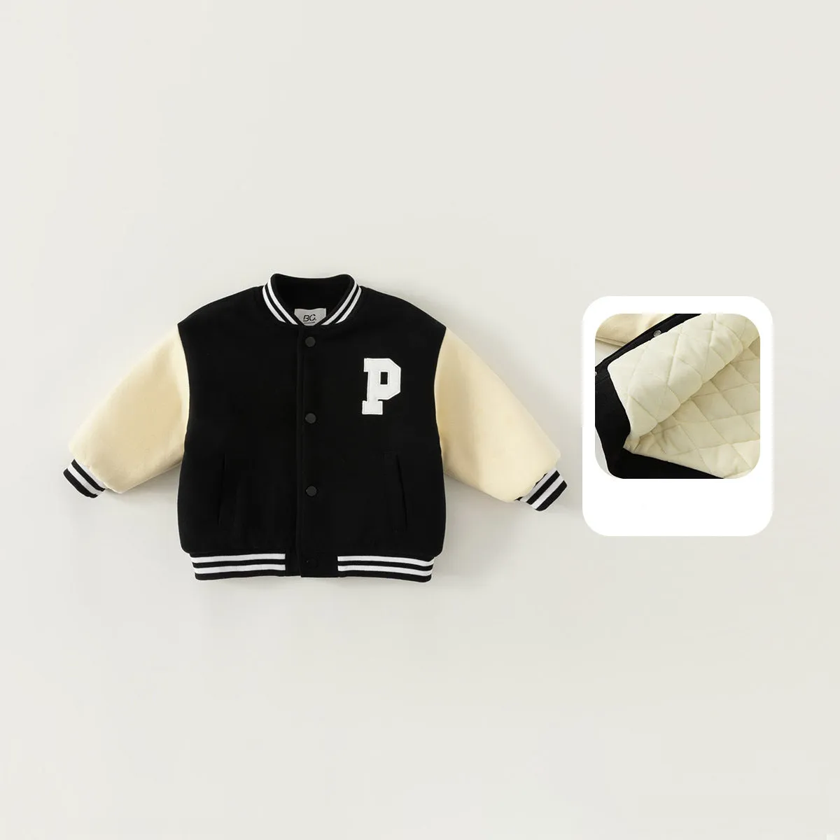 Black thickened velvet winter coat for children with round collar and letters pattern, front view