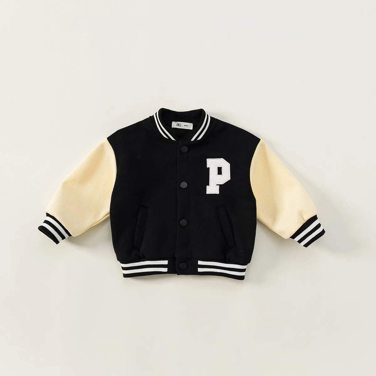 Black thickened velvet winter coat for children with round collar and letters pattern, front view