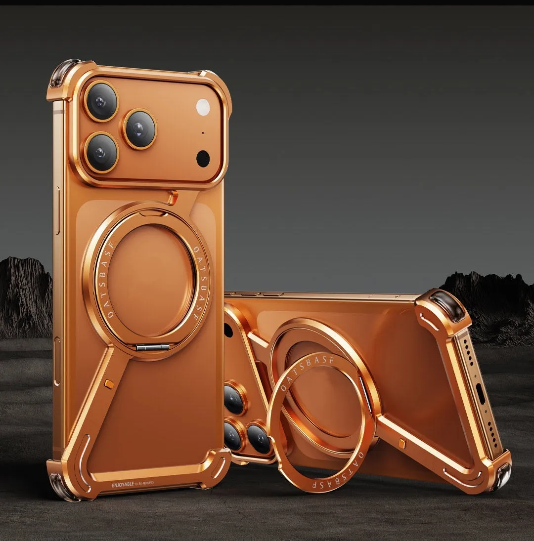Black metal iPhone 17 Pro Max case showing integrated magnetic bracket on the back.