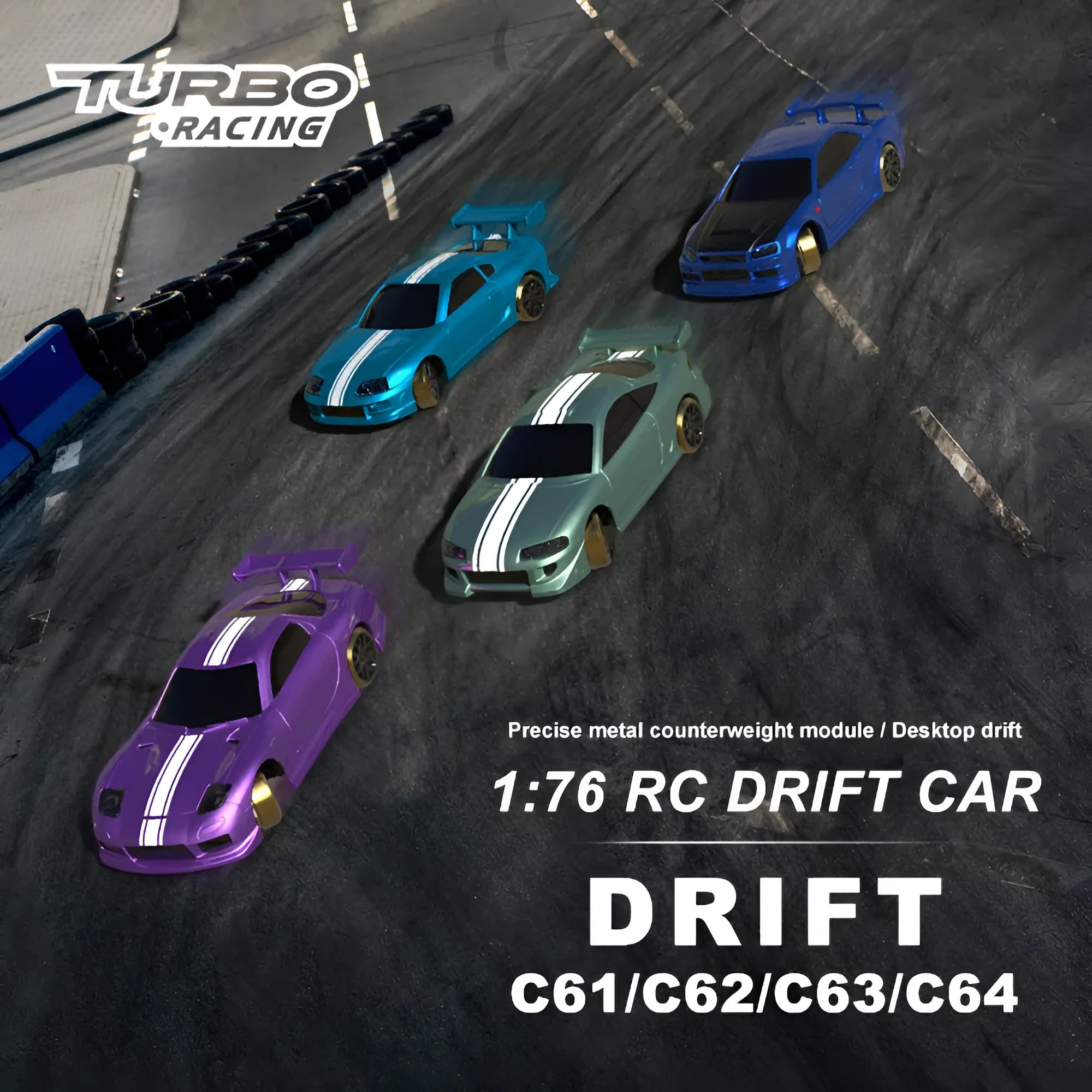 Turbo Racing 1:76 scale mini RC drift car with green body on drift track, remote control and storage box visible