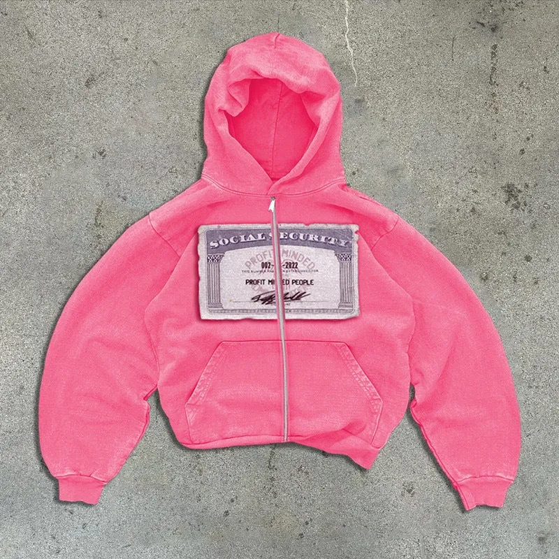 Unisex loose fit hoodie zipper jacket with letter pattern in black, grey, or pink colour