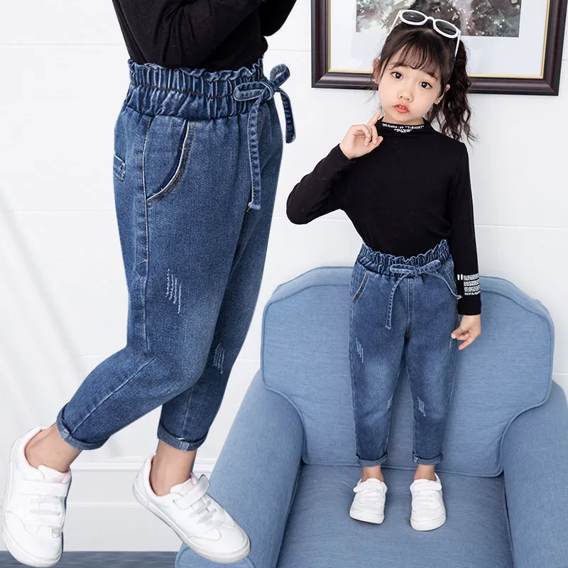 Spring autumn girls loose fit jeans trousers in cotton blend, style A, size 120 cm