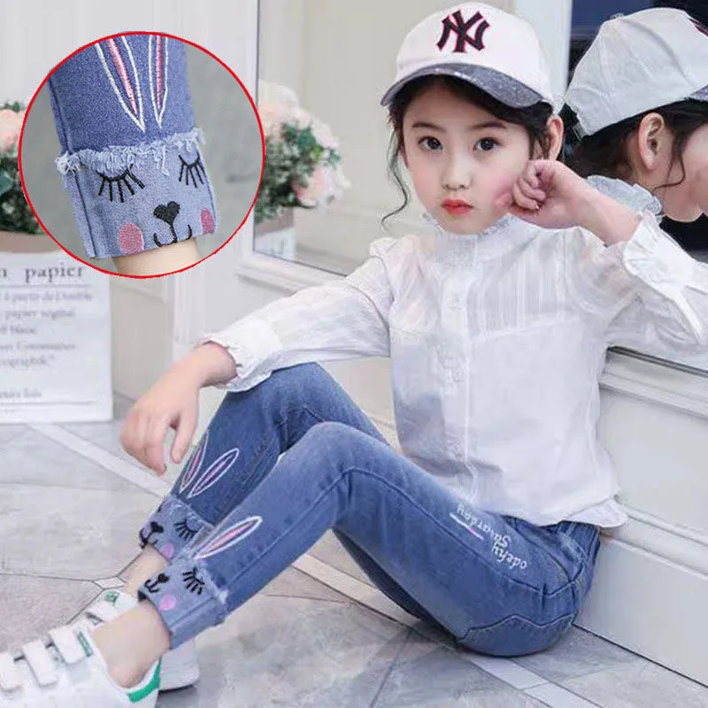 Spring autumn girls loose fit jeans trousers in cotton blend, style A, size 120 cm