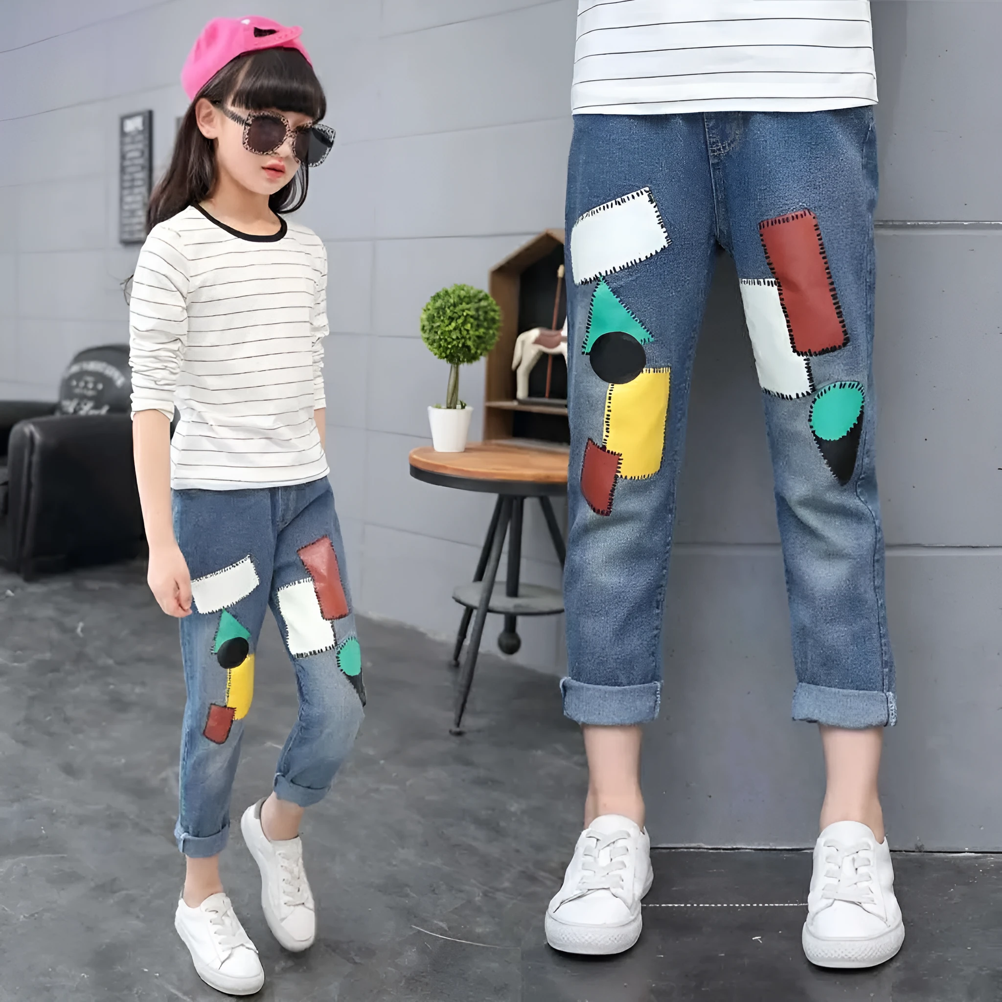 Spring autumn girls loose fit jeans trousers in cotton blend, style A, size 120 cm
