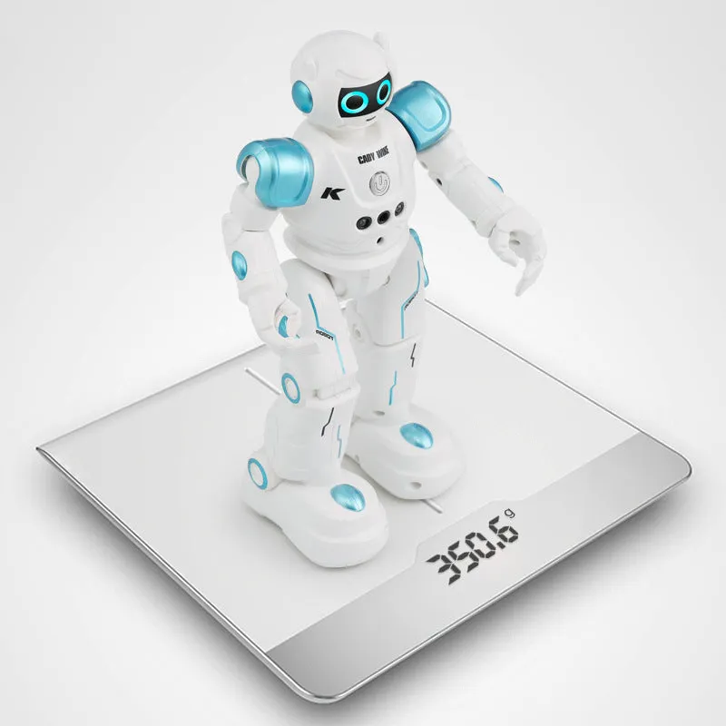 Remote control intelligent robot with glowing eyes, blue colour, on a white background
