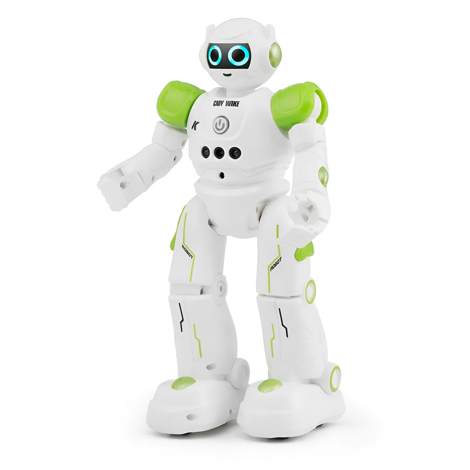 Remote control intelligent robot with glowing eyes, blue colour, on a white background