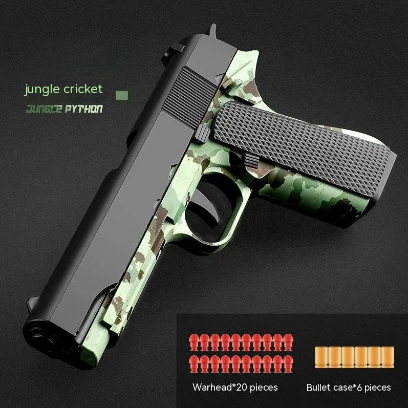 Children's plastic automatic shell throwing toy gun in 1911 black and green colour