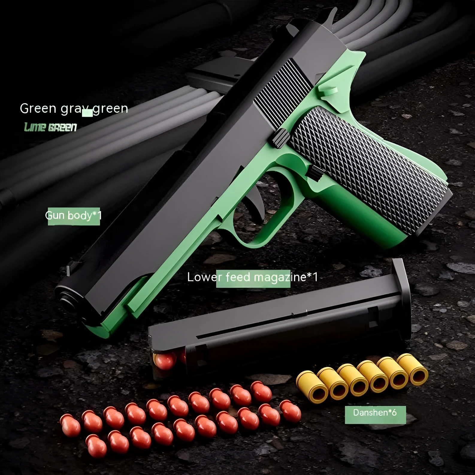 Children's plastic automatic shell throwing toy gun in 1911 black and green colour
