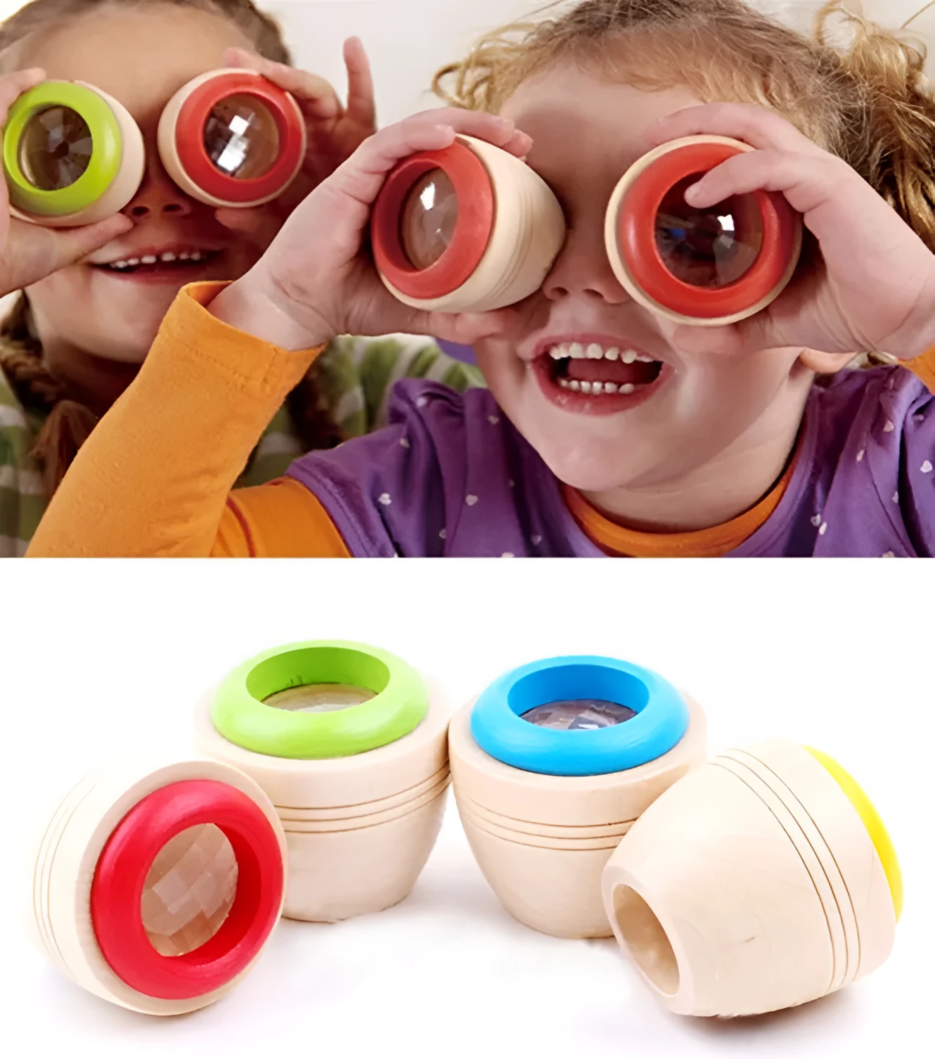 Wooden magic kaleidoscope toy for babies and children rotating effects 5 x 5.5cm green colour