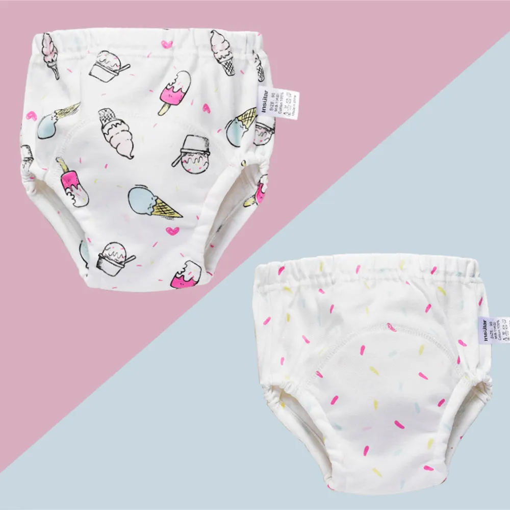 Baby training learning pants in cotton gauze with TPU waterproof layer, shown in panda print on white background