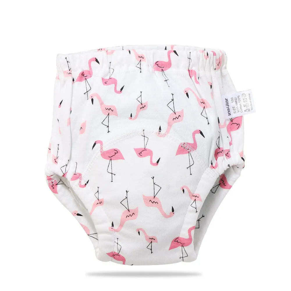 Baby training learning pants in cotton gauze with TPU waterproof layer, shown in panda print on white background