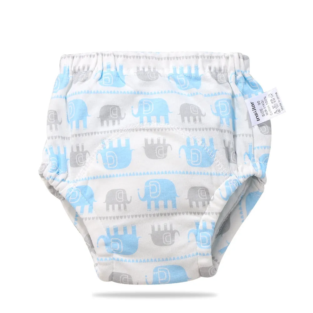 Baby training learning pants in cotton gauze with TPU waterproof layer, shown in panda print on white background