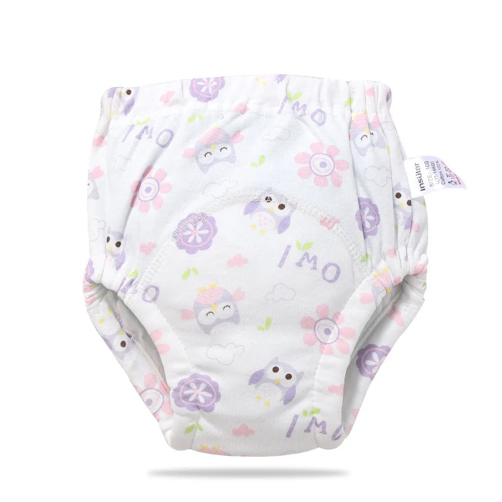 Baby training learning pants in cotton gauze with TPU waterproof layer, shown in panda print on white background