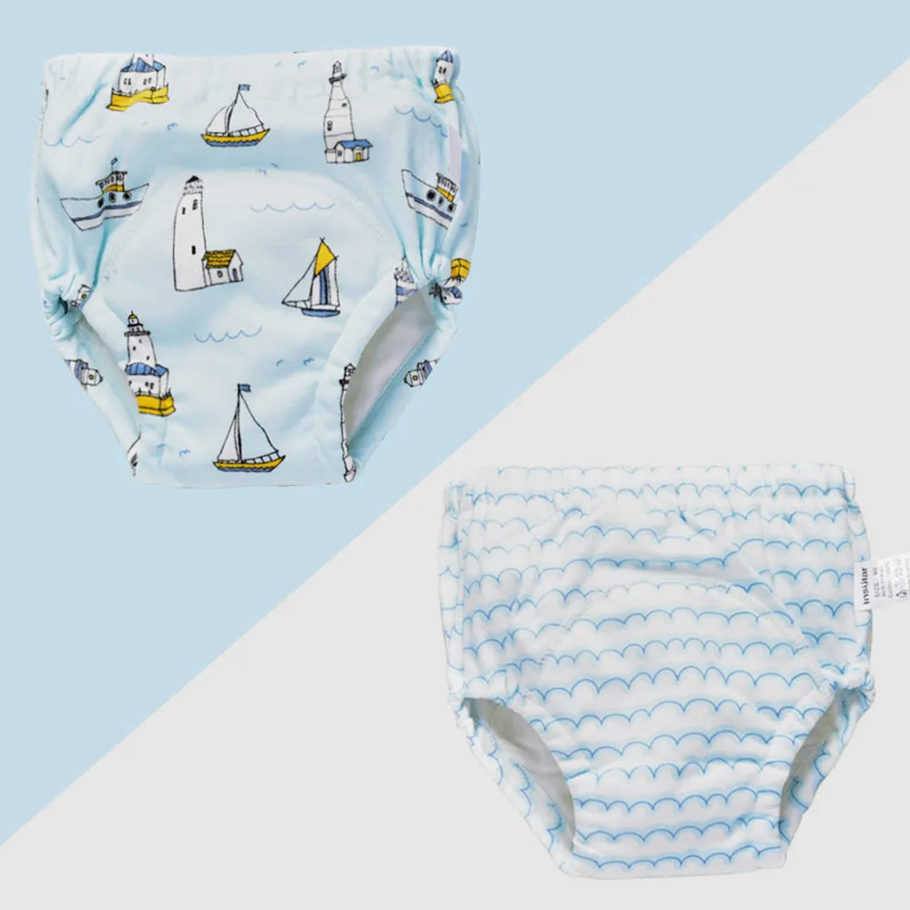 Baby training learning pants in cotton gauze with TPU waterproof layer, shown in panda print on white background