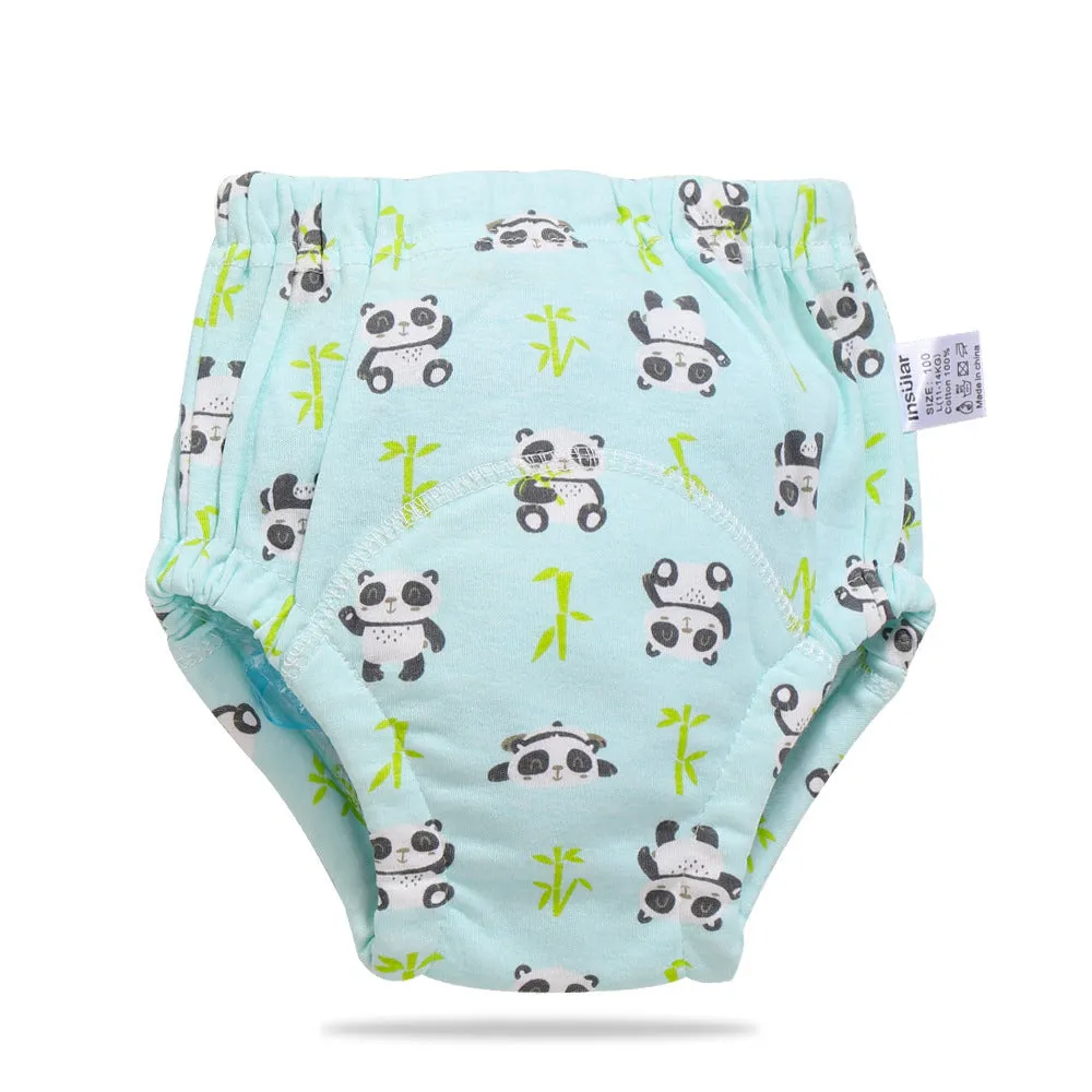 Baby training learning pants in cotton gauze with TPU waterproof layer, shown in panda print on white background