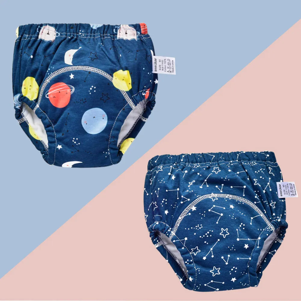 Baby training learning pants in cotton gauze with TPU waterproof layer, shown in panda print on white background