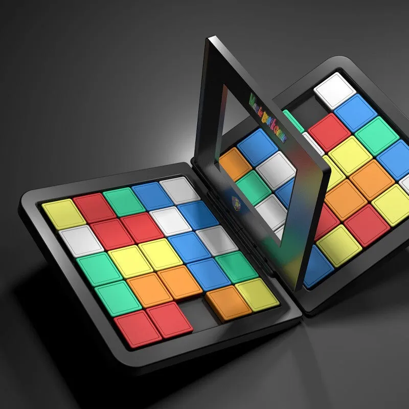 Color Battle Square Race Game with coloured dice and blocks in open box