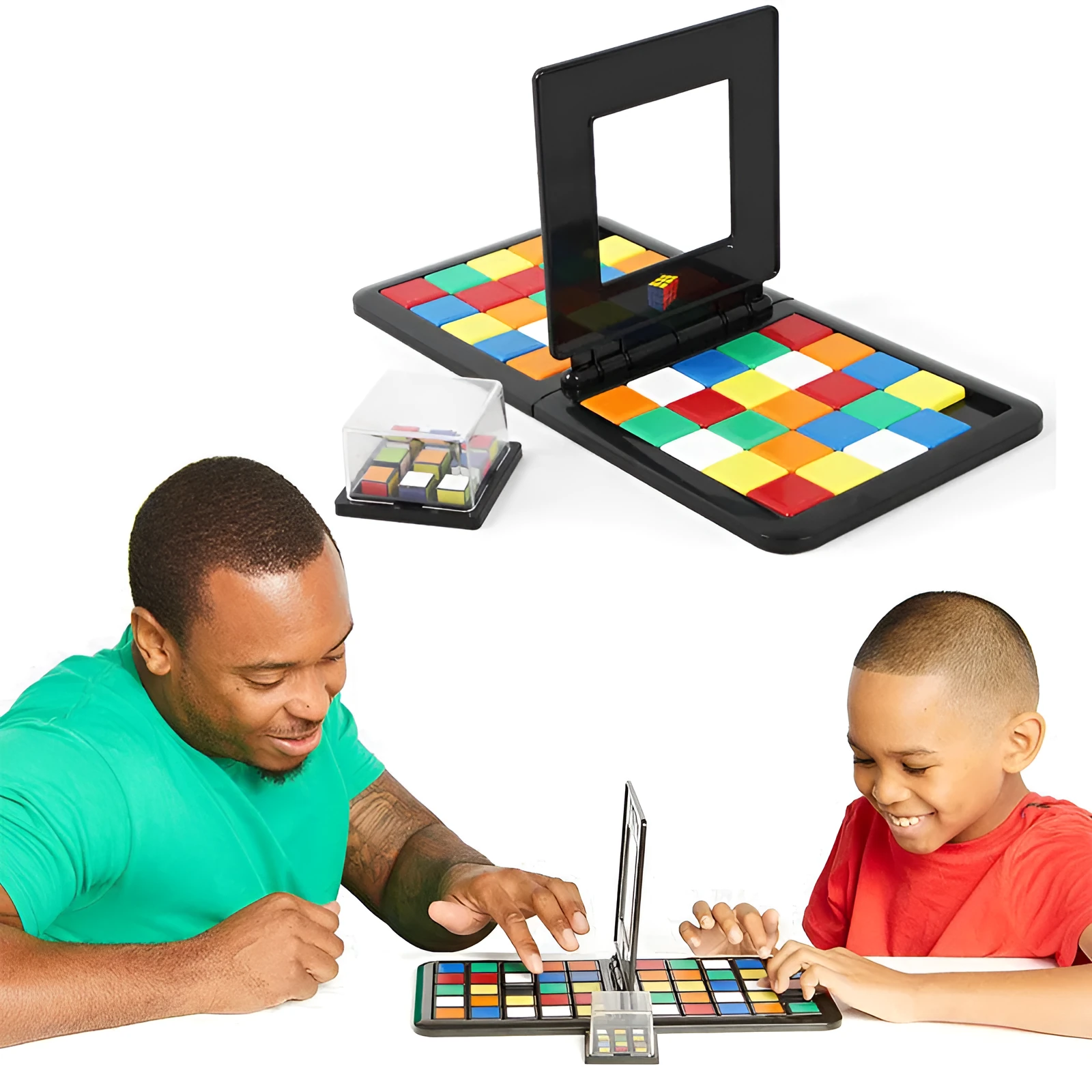 Color Battle Square Race Game with coloured dice and blocks in open box
