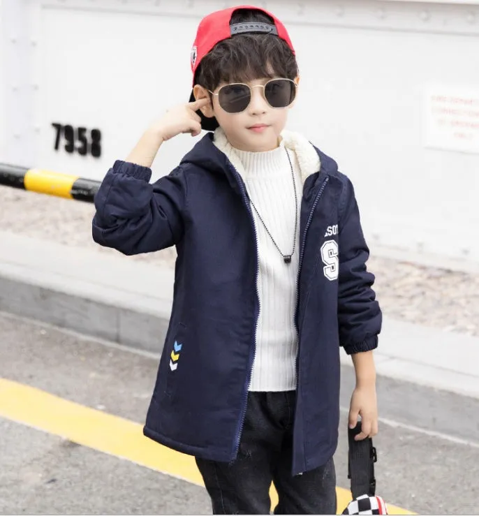 Children's winter jacket with velvet lining Korean style windbreaker in brown, green, navy sizes 110-160cm
