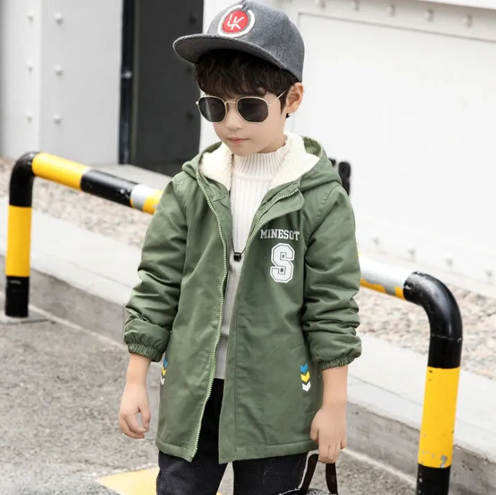 Children's winter jacket with velvet lining Korean style windbreaker in brown, green, navy sizes 110-160cm