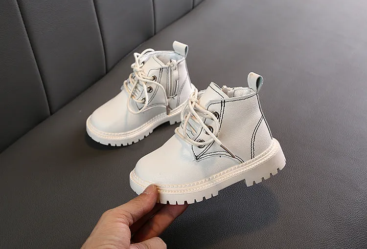 Boys leather short boots with synthetic upper and rubber sole in beige colour, side view