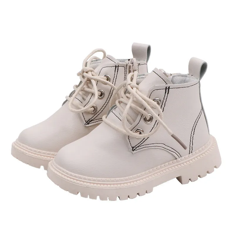 Boys leather short boots with synthetic upper and rubber sole in beige colour, side view