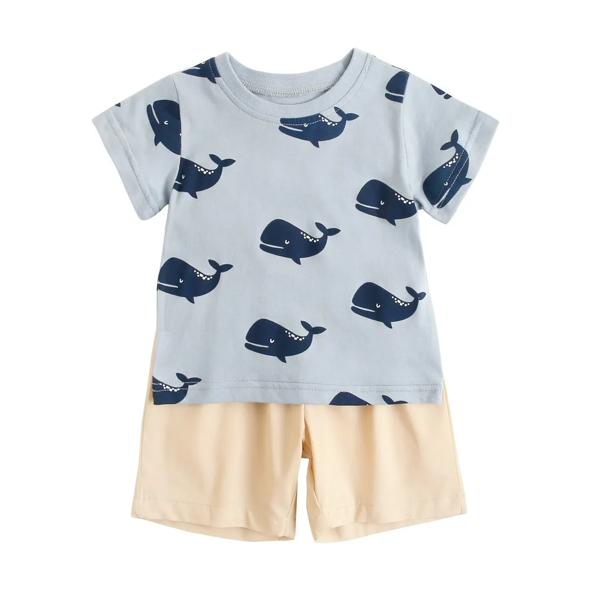 Cartoon cotton baby boys summer suit in Blue Whale print with blue top and matching trousers