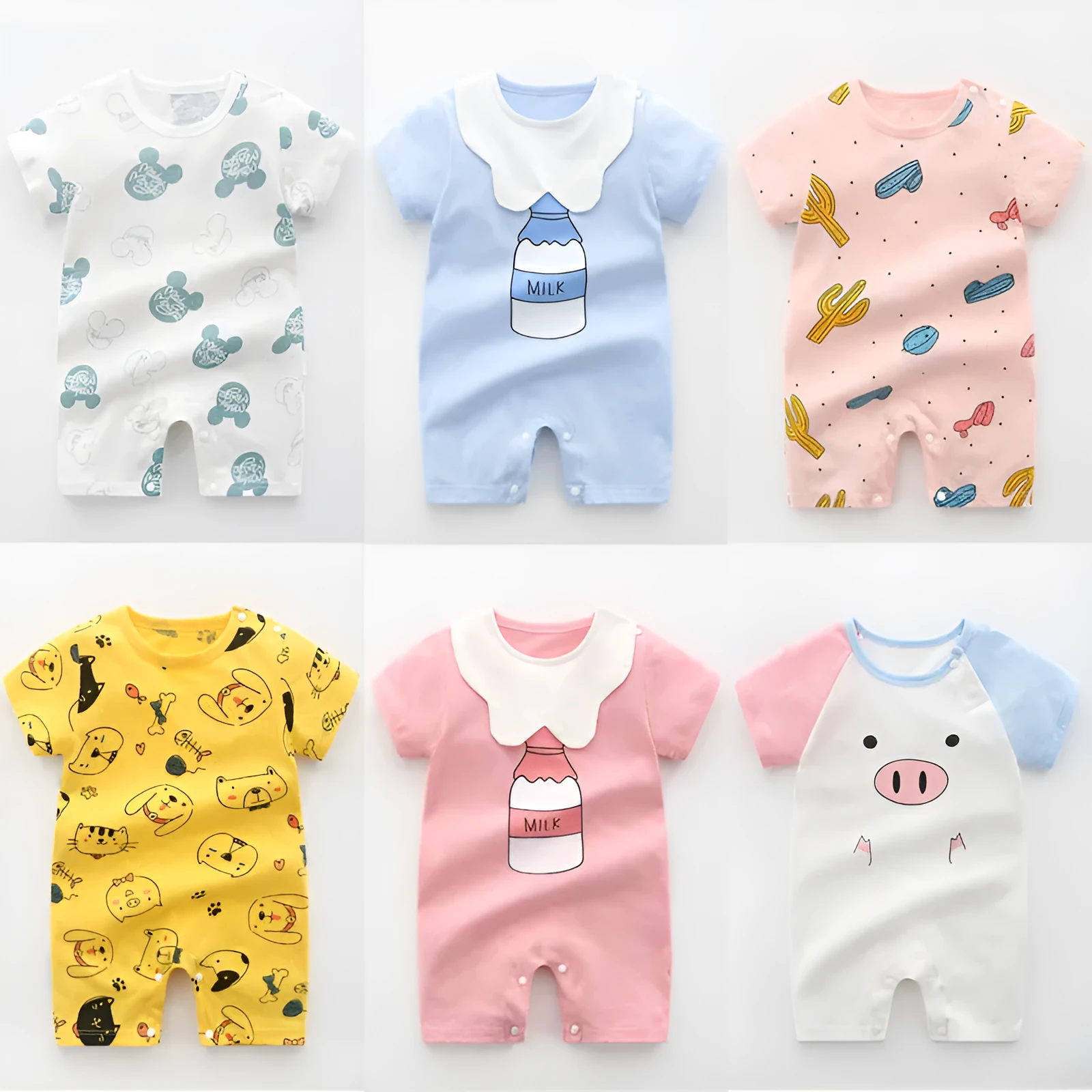 Newborn baby summer romper pajamas in 100% cotton, short sleeves, unisex design, available in multiple colours and sizes from 66cm to 100cm