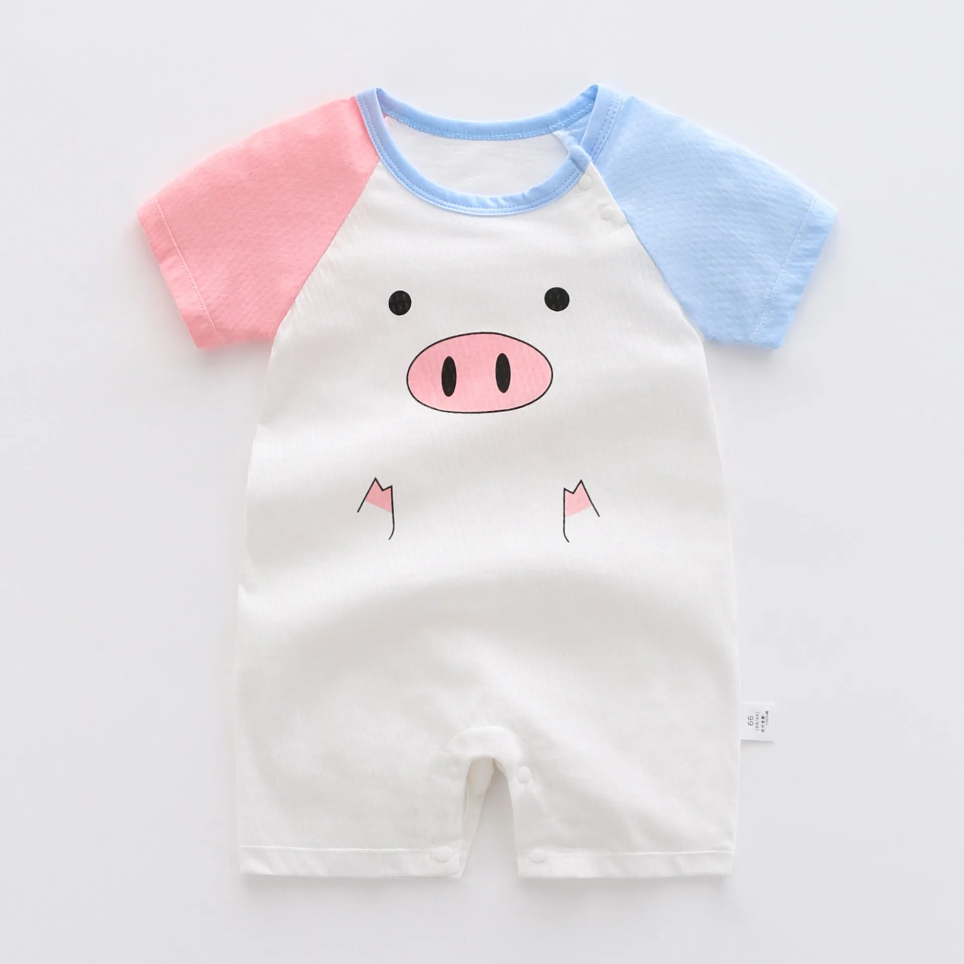 Newborn baby summer romper pajamas in 100% cotton, short sleeves, unisex design, available in multiple colours and sizes from 66cm to 100cm