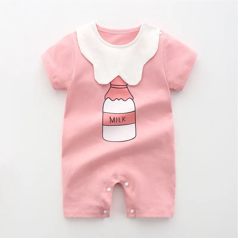 Newborn baby summer romper pajamas in 100% cotton, short sleeves, unisex design, available in multiple colours and sizes from 66cm to 100cm