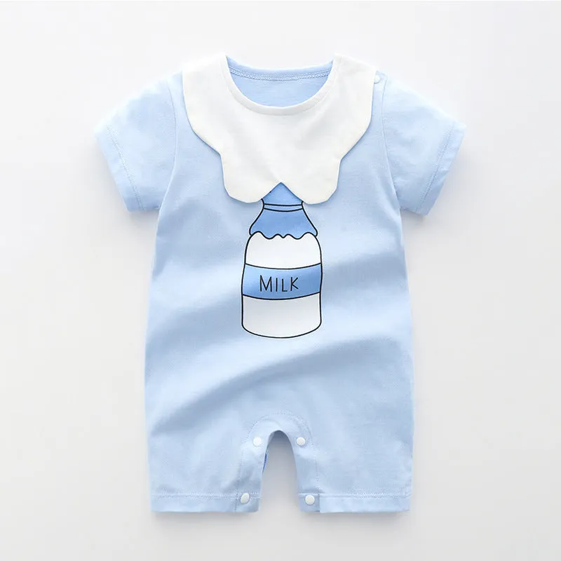Newborn baby summer romper pajamas in 100% cotton, short sleeves, unisex design, available in multiple colours and sizes from 66cm to 100cm