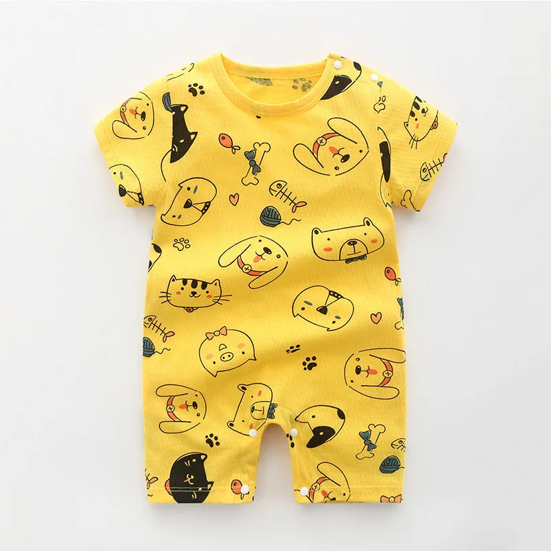 Newborn baby summer romper pajamas in 100% cotton, short sleeves, unisex design, available in multiple colours and sizes from 66cm to 100cm