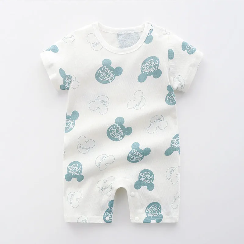 Newborn baby summer romper pajamas in 100% cotton, short sleeves, unisex design, available in multiple colours and sizes from 66cm to 100cm