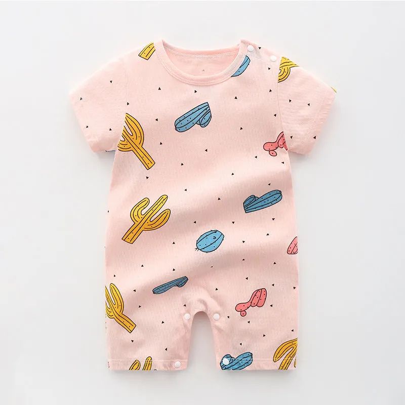 Newborn baby summer romper pajamas in 100% cotton, short sleeves, unisex design, available in multiple colours and sizes from 66cm to 100cm