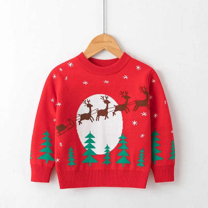 Viscose cotton knitted Christmas sweater for children, unisex, long sleeve round neck, available in red and navy blue