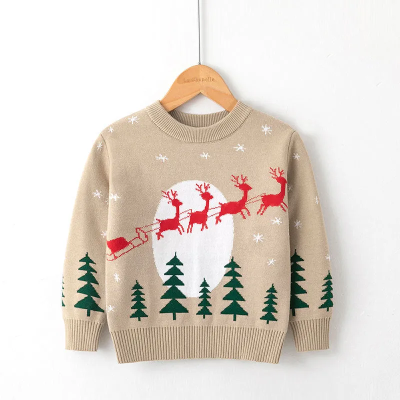 Viscose cotton knitted Christmas sweater for children, unisex, long sleeve round neck, available in red and navy blue